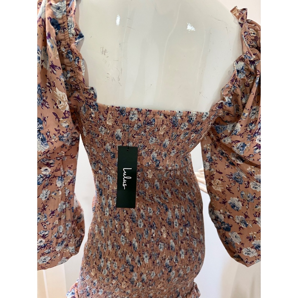 Lulus Floral Smocked Cutout Mini Dress NWT Pink Mauve Long Sleeve Size M - Picture 10 of 13